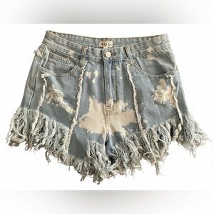 POL Blue Acid Wash Distressed Denim Shorts Small Raw Fringe Hem NWT